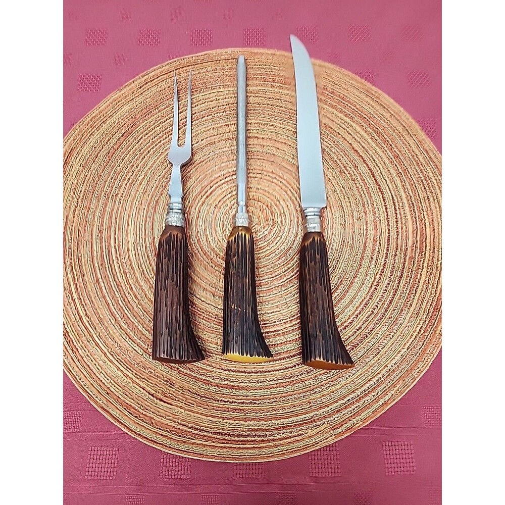 Vintage Washington Forge 3 Piece Carving Knife Set~Faux Antler~Sheffield England